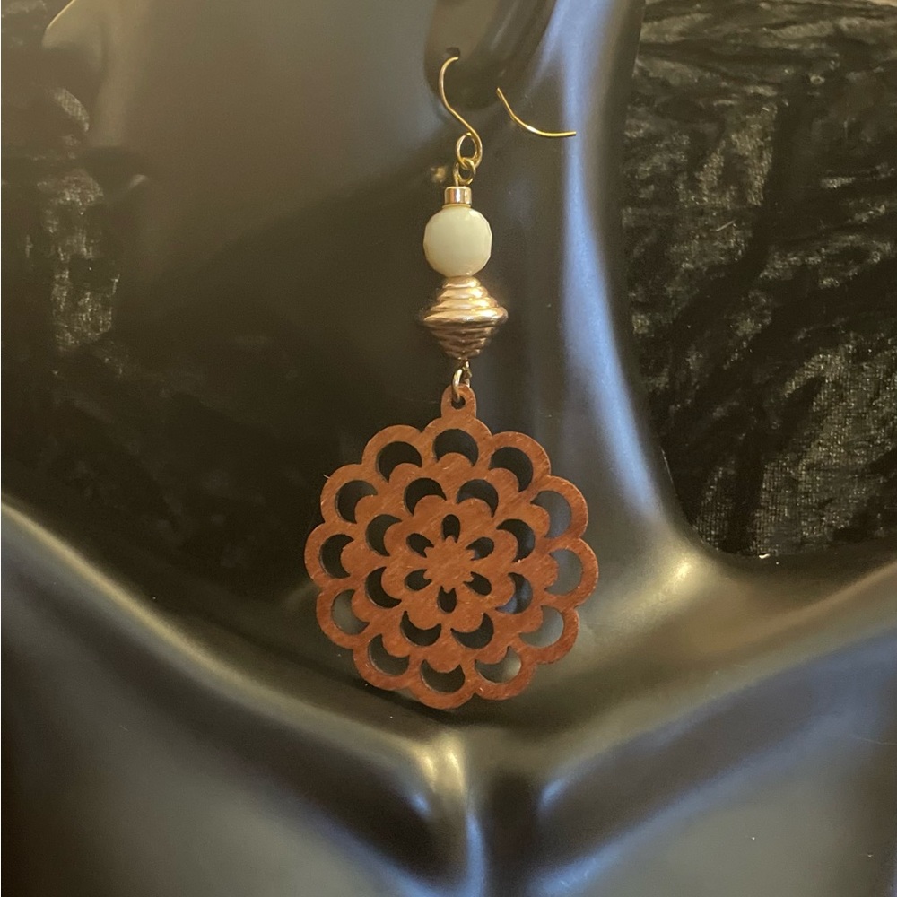 “Beautiful in Brown” Flower Filigree Bohemian Style Wood Dangle Earrings